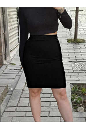 Kısa Arkadan Yırtmaçlı Astarlı Fermuarlı Düğmeli Portoriko Kumaş Kalem Etek