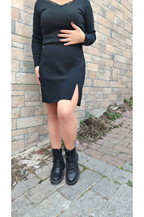 Astarsız Diz Üstünden Yırtmaçlı Portoriko Kunaş Mini Etek Etek Urun Boy 45 Cm