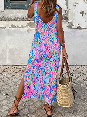 Kadın Askılı Yuvarlak Yaka Yandan Yırtmaçlı Uzun Süprem Elbise