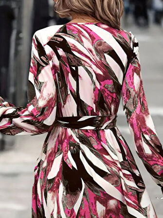 Kadın Uzun Kollu Kruvaze Yaka Belden Kuşaklı Desenli Süprem Elbise