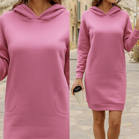 Kadın Uzun Kollu Kapşonlu Kısa Iki Iplik Elbise