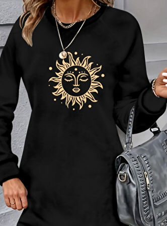 Kadın Uzun Kollu Bisiklet Yaka Güneş Desenli Viskon Iki Iplik Elbise