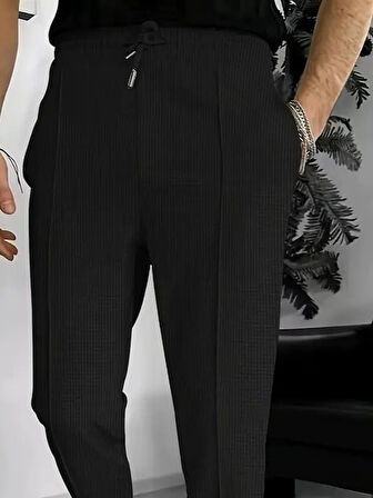 Erkek Yüksek Bel önden Bağcıklı Cepli Waffle Pantolon