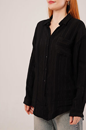 Hakim Yaka Çizgili Cep Detaylı Siyah Gömlek
