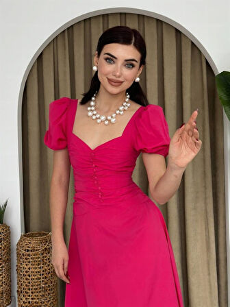 Kare Yaka Düğmeli Elbise