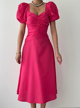 Kare Yaka Düğmeli Elbise