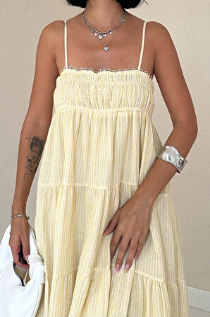 Sarı Askılı Parçalı Çizgili Müslin Elbise