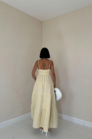 Sarı Askılı Parçalı Çizgili Müslin Elbise