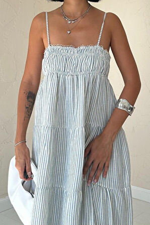 Mavi Askılı Parçalı Çizgili Müslin Elbise