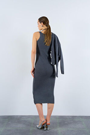 Fitilli Elbise Hırkalı Takım - Füme