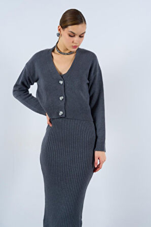 Fitilli Elbise Hırkalı Takım - Füme