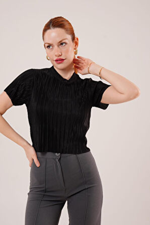Fitilli Kısa Kollu Parlak Siyah Bluz