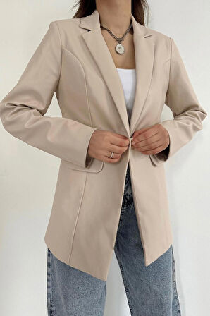 Bej Düğmeli Deri Ceket
