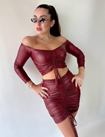 Kadın Büzgülü Deri Etek Takım Fırsat Ürün