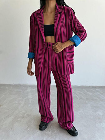 OTTOMAN ÇİZGİLİ CEKET-PANTOLON TK - Fuşya
