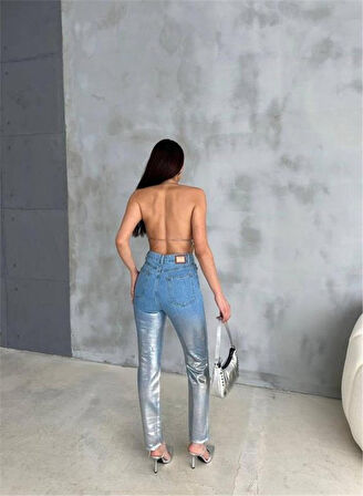 DİZ YIRTIK VARAKLI MOM KOT PANTOLON - Gümüş