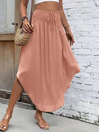 Kadın Yüksek Bel Belden Bağlamalı Asimetrik Kesim Detaylı Sandy Etek