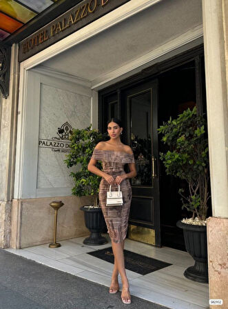 Kadın Madonna Yaka Dalga Desen Midi Boy şifon Elbise