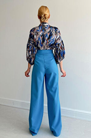 Beli Lastikli Saten Gömlek - Mavi