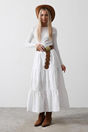 Pamuklu Beli Lastikli Etek - Beyaz