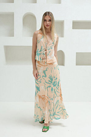 Bağcıklı Bluzlu Etek Takım - Pudra