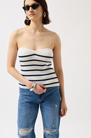 Çizgili Straplez Dokulu Bluz