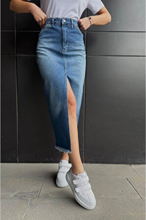 Mavi Yırtmaçlı Kot Etek