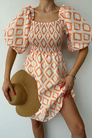 Oranj Kare Desenli Yazlık Elbise