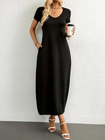 Kadın Kısa Kollu Yakası Yuvarlak Cepli Viskon Elbise