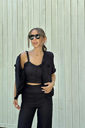 Siyah Askılı Büstiyer Ceket Ve Pantolon Takım