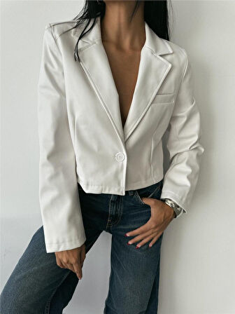 DERİ CROP CEKET TEK DÜĞME - Beyaz