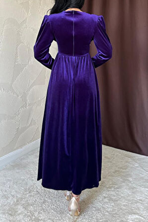 Mor Göğüs Altı Taşlı Elbise