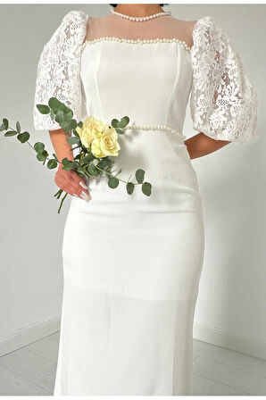 Beyaz İncili Tül Detay Elbise