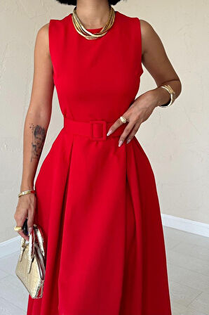 Kırmızı Halter Yaka Kloş Elbise