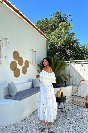 Lila Omuzları Lastikli Brode Elbise