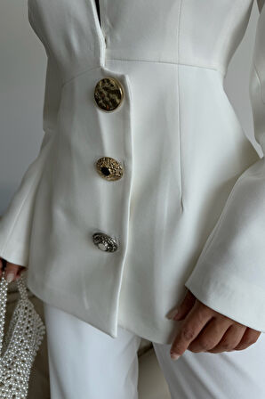 TASARIM CEKET-PANTOLON TAKIM METAL DÜĞME DETAYLI - Beyaz