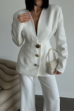 TASARIM CEKET-PANTOLON TAKIM METAL DÜĞME DETAYLI - Beyaz