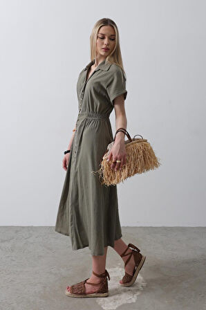 Önü Düğmeli Kısa Kol Elbise - Haki