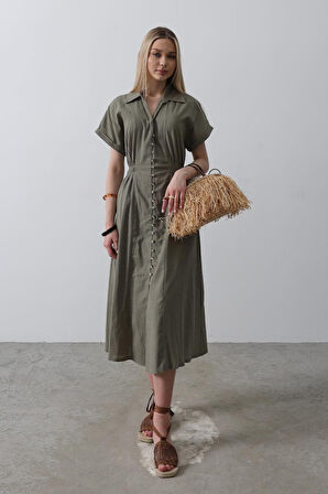 Önü Düğmeli Kısa Kol Elbise - Haki