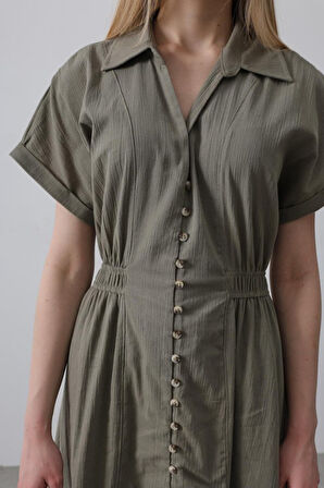 Önü Düğmeli Kısa Kol Elbise - Haki