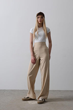 Beli Yarım Lastikli Palazzo Pantolon - Camel