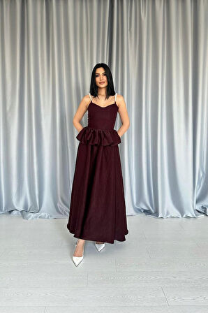Bordo Beli Büzgülü İnci Askılı Uzun Elbise