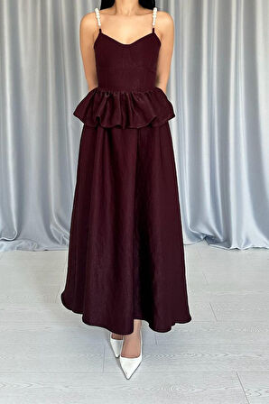 Bordo Beli Büzgülü İnci Askılı Uzun Elbise