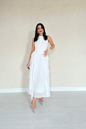 Beyaz Önü Büzgülü Fırfırlı Elbise