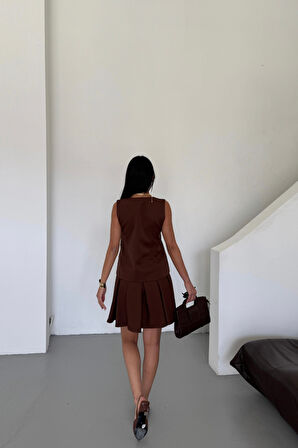 YELEK - PİLELİ ETEK GÖRÜNÜMLÜ ELBİSE - Kahverengi