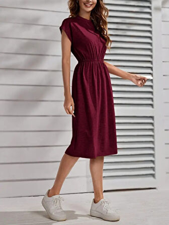 Kadın Kısa Kollu Bisiklet Yaka Belden Lastikli Midi Viskon Elbise
