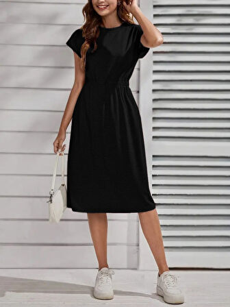 Kadın Kısa Kollu Bisiklet Yaka Belden Lastikli Midi Viskon Elbise