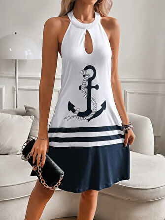 Kadın Askılı çıpa Baskılı Sırtı Açık Kısa Süprem Elbise