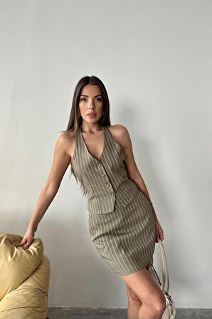 Haki Çizgili Yelek Ve Etek Takım