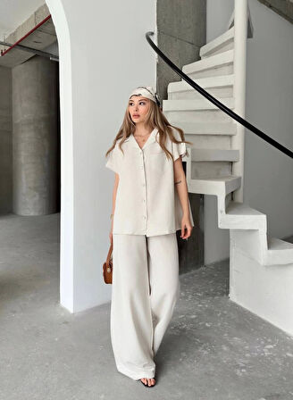 Keten Kısa Kollu Cepli Gömlek Pantolon Ikili Takım - Beyaz